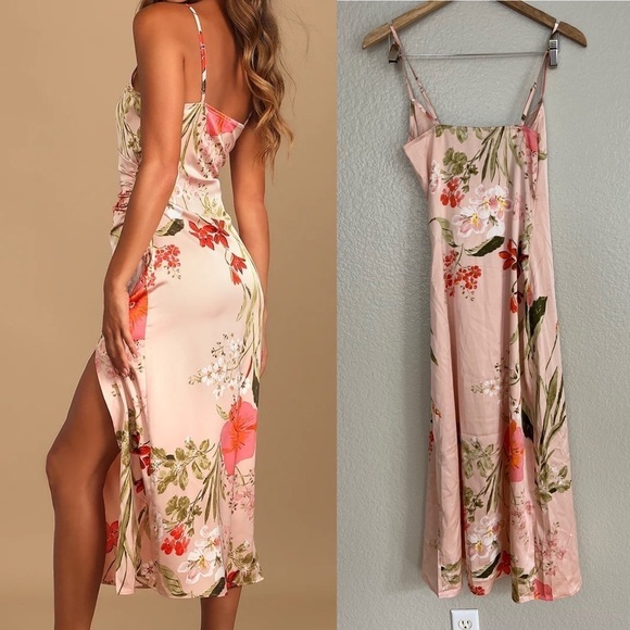 NWOT Remarkable Entrance Pink Floral Print Satin Midi Dress - Picture 4 of 9